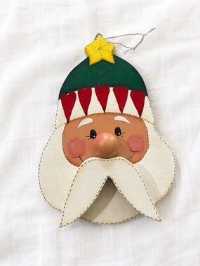 Vintage 90s hand painted Santa Face Ornament - Green Hat, Red Hearts,Beard